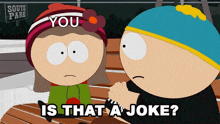 two cartoon characters from south park are sitting on a bench