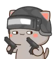 a cartoon cat is wearing a helmet and holding two guns