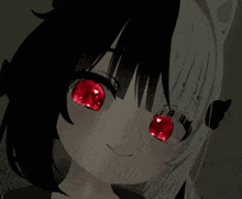 a close up of a girl with red eyes and black hair