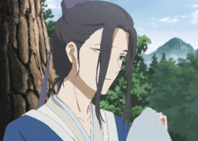 a drawing of a man with long hair and a ponytail leaning against a tree