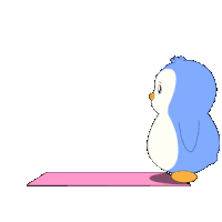 a blue and white penguin is doing a yoga pose on a pink mat
