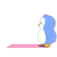 a blue and white penguin is doing a yoga pose on a pink mat