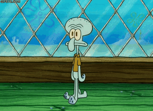 squidward from spongebob squarepants is standing in front of a fence