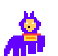 a pixel art drawing of a purple cat with a yellow chest and a red cape .