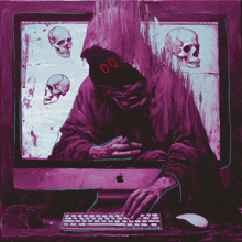 a painting of a person using an apple computer with skulls on the screen