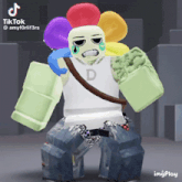 a cartoon character with a rainbow flower on his head and the letter d on his chest
