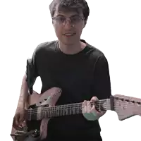 a man in a black shirt is holding a guitar with the number 14 on the neck