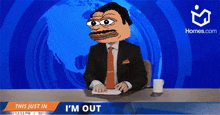 a cartoon of a man in a suit and tie sitting at a desk with the words i 'm out on the bottom right