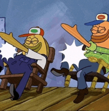 two cartoon characters are sitting in chairs and one has a baseball cap on