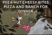 snoopy and woodstock are having a picnic in the woods with pizza and ranch for dinner