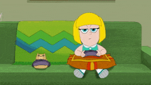 a cartoon girl sits on a green couch holding a game controller