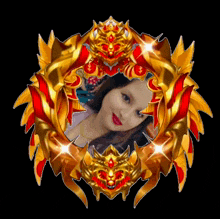 a picture of a woman in a gold and red emblem