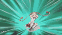 a girl with long hair is flying through the air with her arms outstretched in a cartoon .