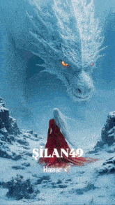a woman in a red dress is standing in front of a large white dragon with the name silan49 written on the bottom