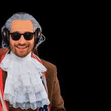a man wearing a wig and headphones is giving a peace sign