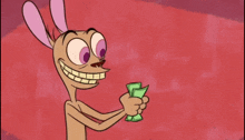 a cartoon character is smiling and holding a bunch of money
