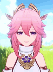 a girl with pink hair and purple eyes is wearing a necklace and a crown .