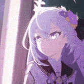 a purple haired anime girl with a flower in her hair
