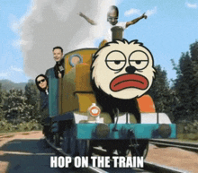 a group of people are riding on a train with the caption " hop on the train "