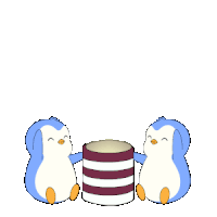 two penguins are standing next to a candle