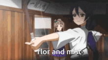 a girl is holding a bow and arrow with the words flor and mist written below her