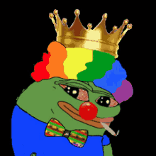 a cartoon frog with a crown and rainbow hair