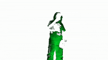 a person in a green shirt and green pants is standing in a room .