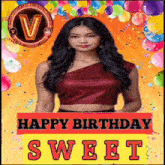 a woman is standing in front of balloons and confetti and says happy birthday sweet .