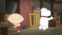 a cartoon of a boy and a dog standing next to each other in a room filled with boxes