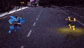 a computer generated image of a street with a blue trash can and a yellow car