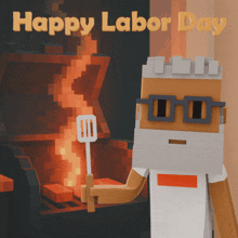 a happy labor day greeting card with a cartoon character