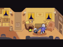 a video game shows a living room with a couch and chairs