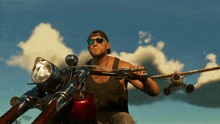 a man wearing sunglasses is riding a motorcycle with a plane in the background
