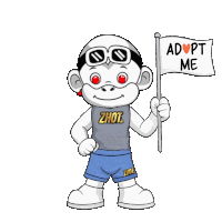 a cartoon monkey holding a flag that says adopt me