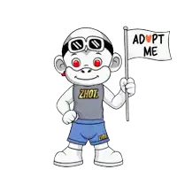 a cartoon monkey holding a flag that says adopt me