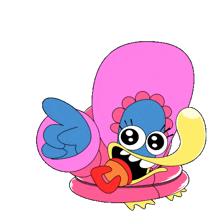 a cartoon character with a pink head and a yellow beak is pointing