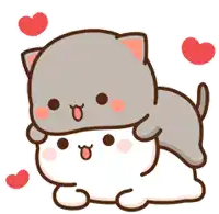 a cartoon of two cats laying on top of each other with hearts around them .