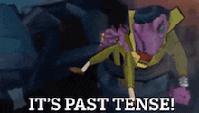 a cartoon character is standing next to a pile of papers and says `` it 's past tense ! ''