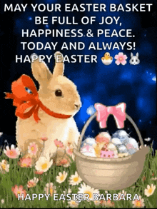 a bunny is sitting in the grass next to a basket of easter eggs and flowers .