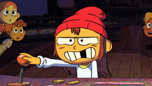 a cartoon of a girl playing a game with a red hat on