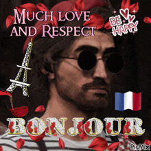 a man wearing sunglasses and a red beret says much love and respect