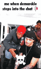 a man with a skull and crossbones on his arm talks to another man