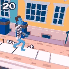 a pixel art drawing of a person running in front of a building
