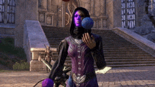 a woman in a purple and black outfit is holding a purple ball