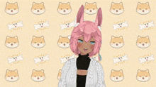 a girl with pink hair and bunny ears is standing in front of a pattern of shiba inu dogs .