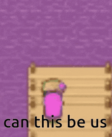 a cartoon character is standing on a dock with a pink balloon and the words can this be us .