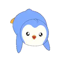 a blue penguin with orange feet is floating in the air