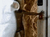 a person 's arm is reaching out towards a door with a red button that says ' emergency ' on it