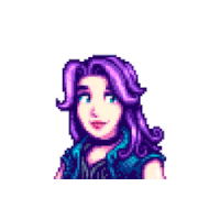 a pixel art of a woman with purple hair and blue eyes