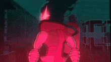 a cartoon character with a red glowing head is standing in front of a city